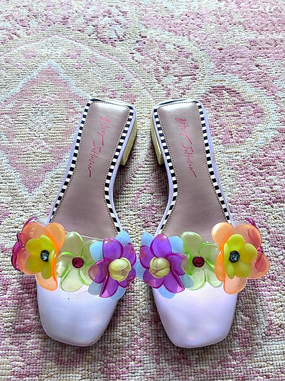 Betsey Johnson Floral Embellished Mules White & Purple